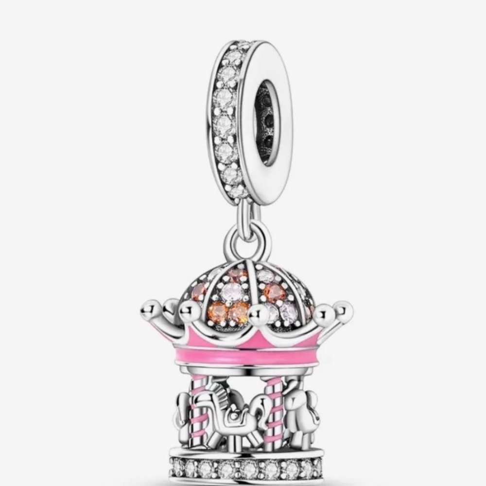925 Charming Pink and Silver Carousel Charm Pendant - Picture 1 of 7